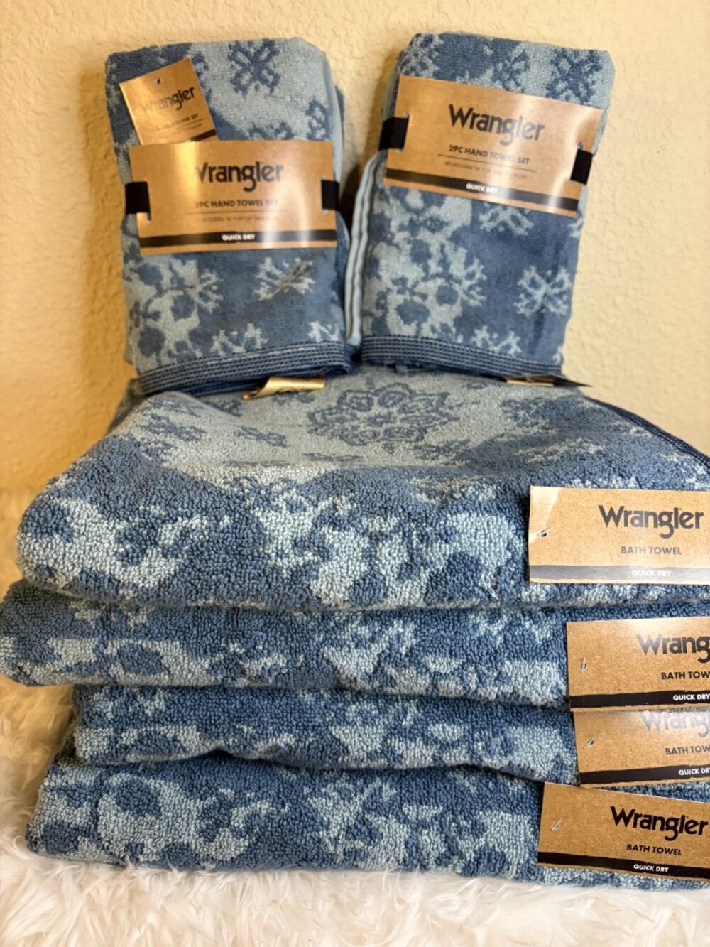 Wrangler Blue Floral 8 Pc Bath Towel Set Bath Hand Towels Quick Dry Cotton NWT - Picture 2 of 6
